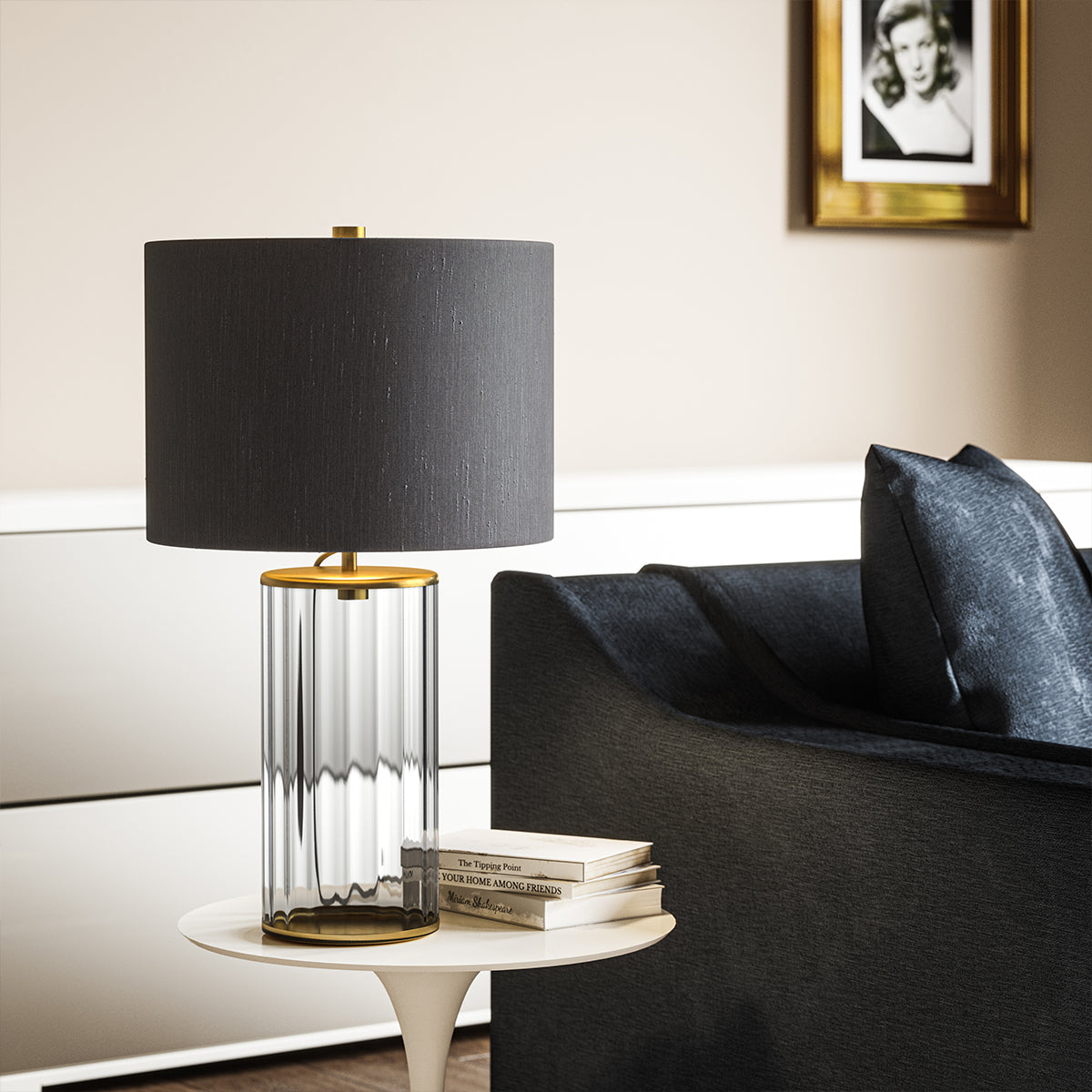 Reno Smoked Tint Glass Table Lamp In Aged Brass With Grey Shade QN-RENO-SMOKE-AB