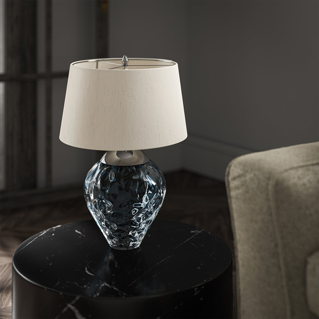 Samara Small Blue Glass Table Lamp With Taupe Shade QN-SAMARA-TL-BLU