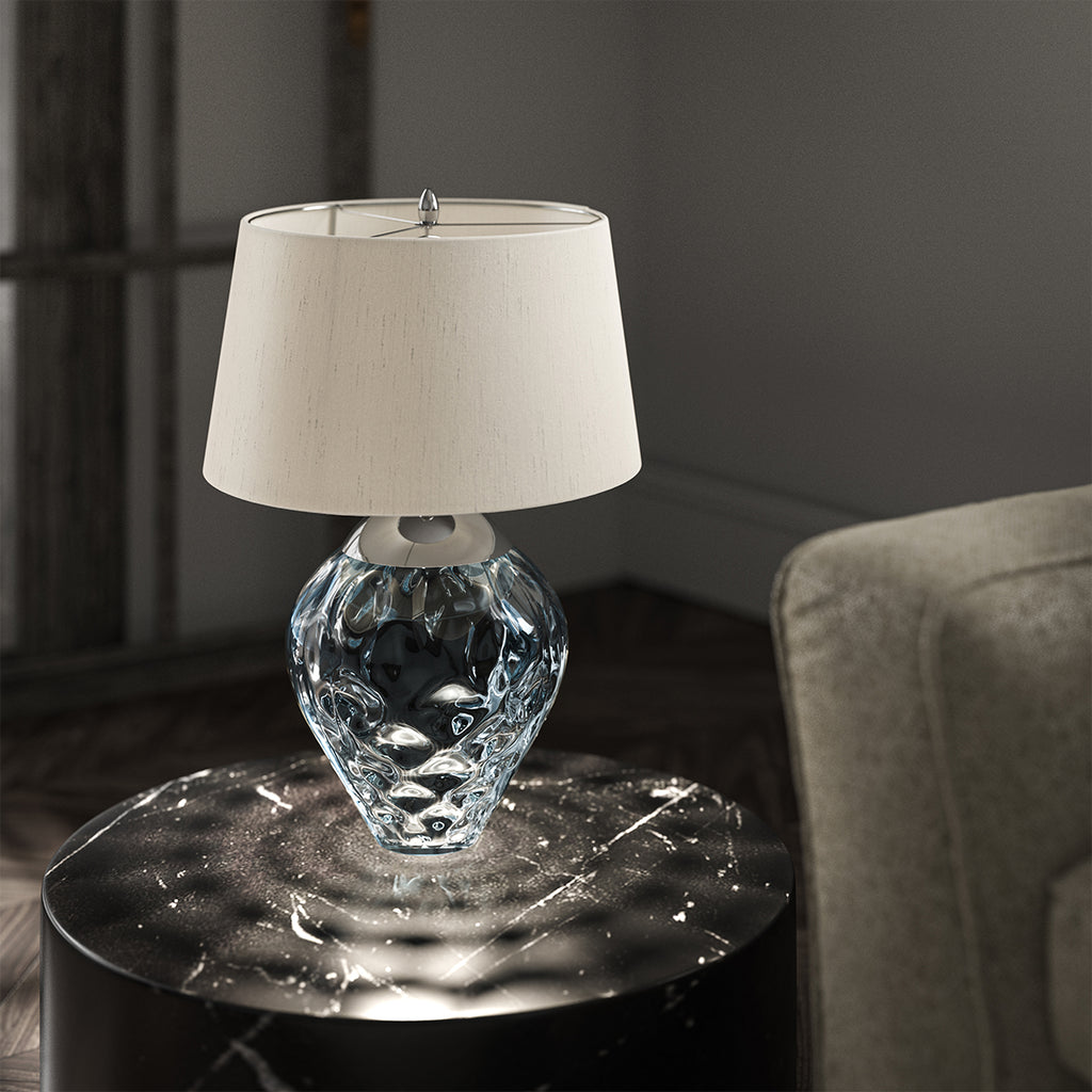 Samara Small Blue Glass Table Lamp With Taupe Shade QN-SAMARA-TL-BLU