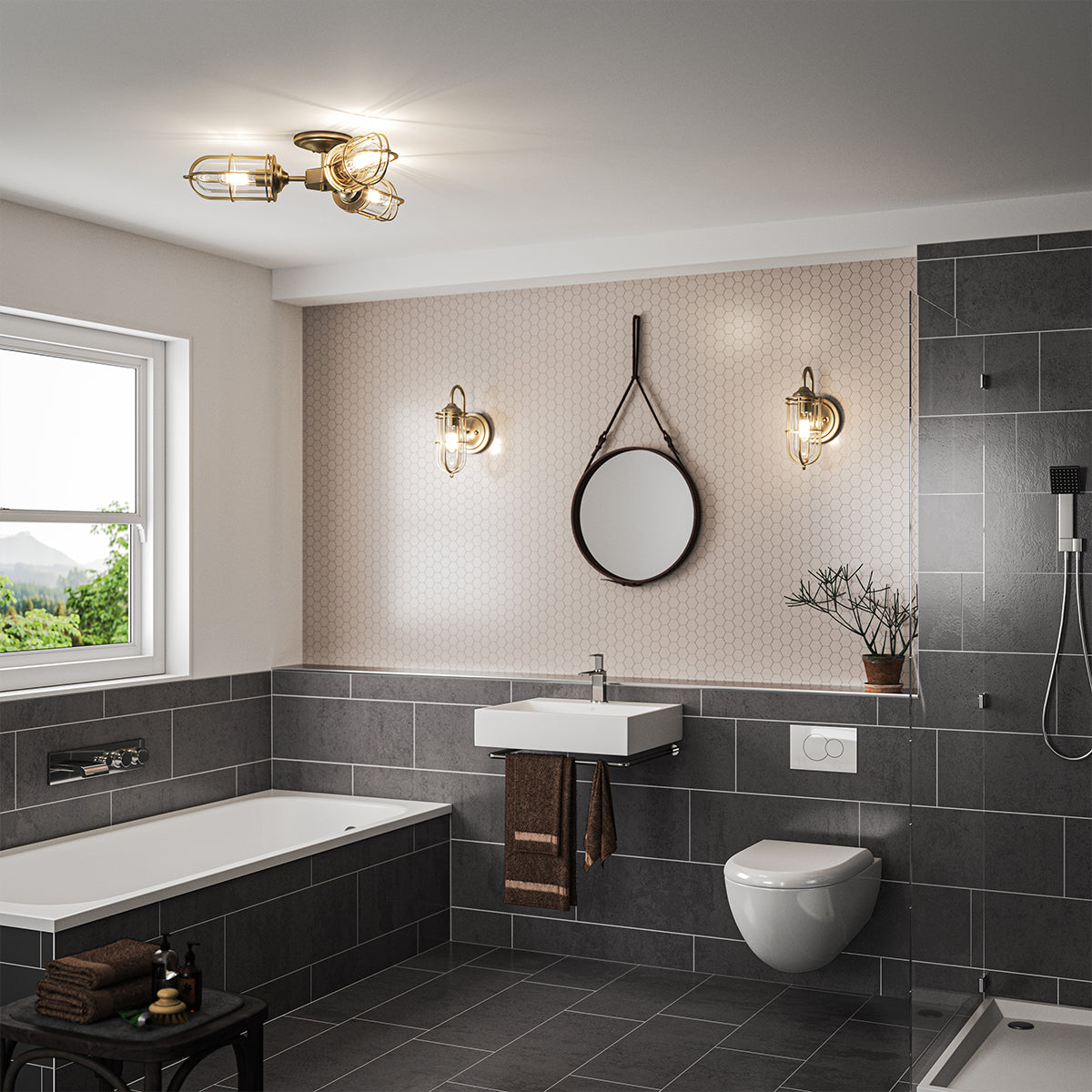 Urban Restoration 3 Light Bathroom Semi Flush Ceiling Light In Dark Antique Brass QN-URBANREST-3SF